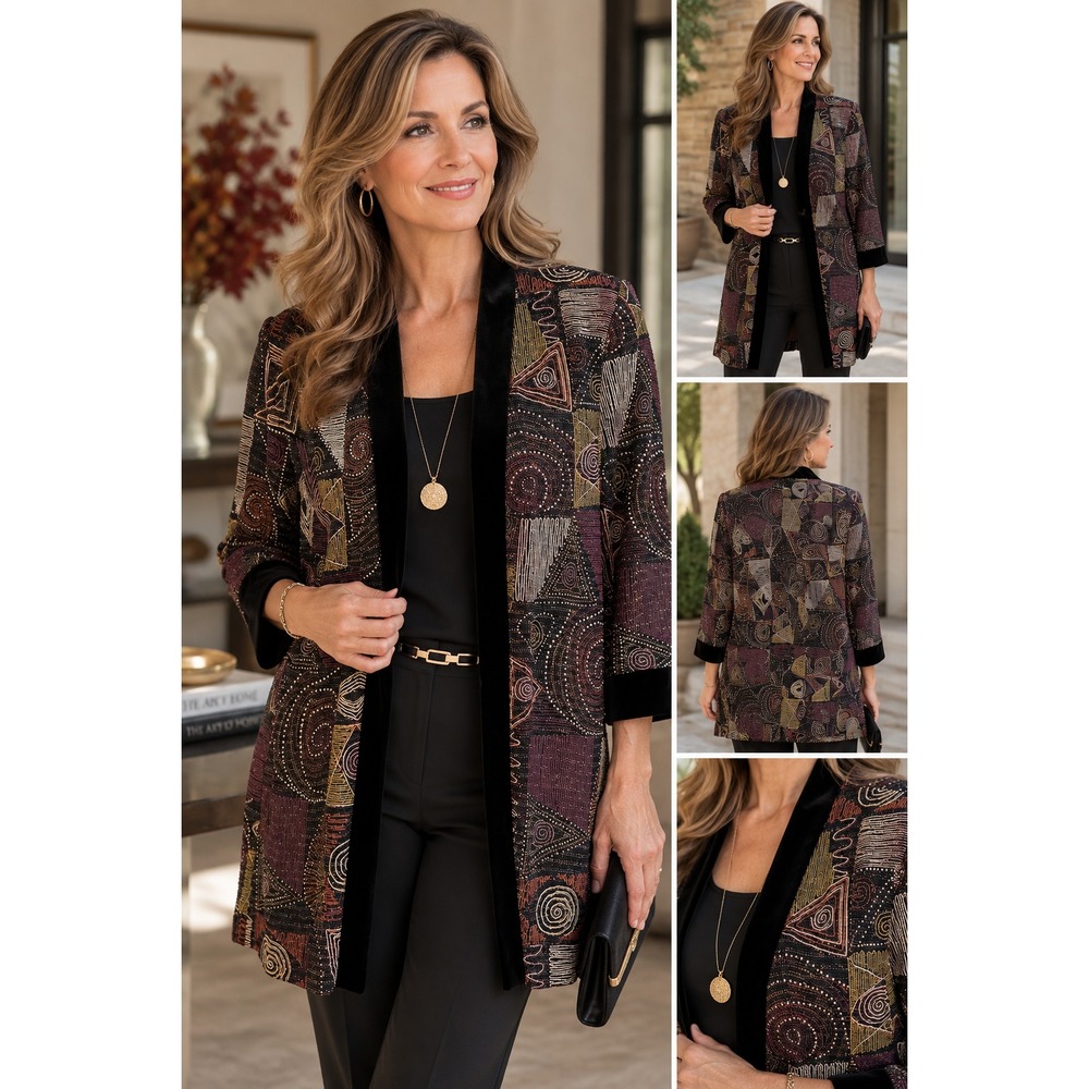 Vintage R&M Richards Karen Kwong Women's 8 Geometric Velvet Trim Jacket